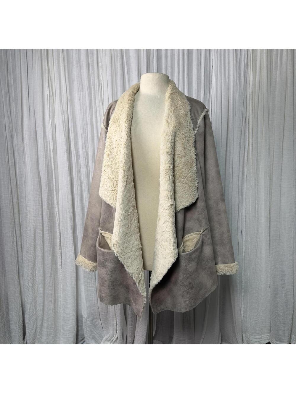 Indie Bohemian Boho Hippie Faux Shearling Taupe Open Front Women's Coat (XL)
